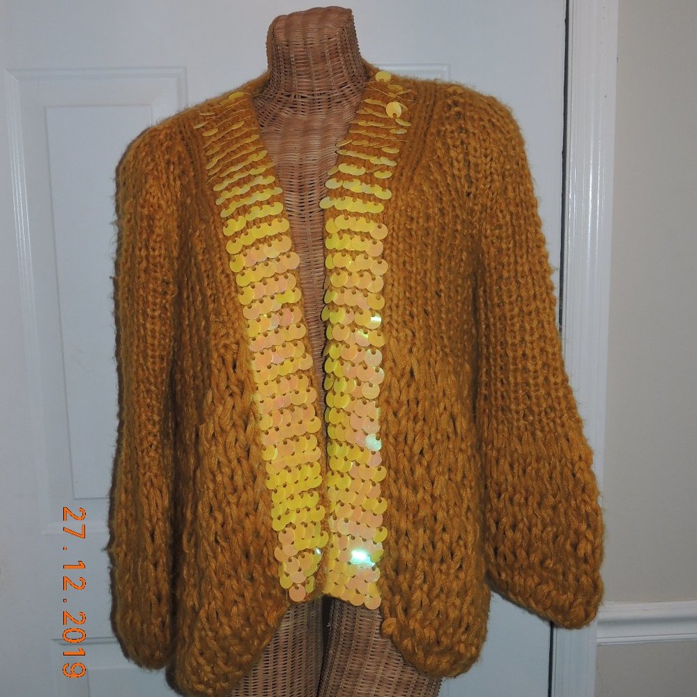Simply Couture Unique Mustard Gold Color Open Embellished Cardigan Size XL